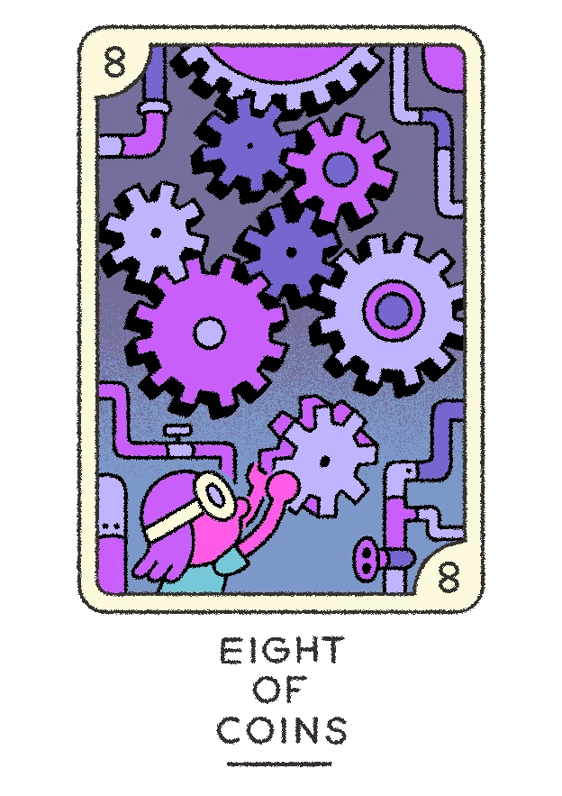 Eight of Coins card from the Joe Sparrow Tarot deck