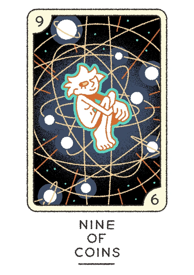 Nine of Coins card from the Joe Sparrow Tarot deck