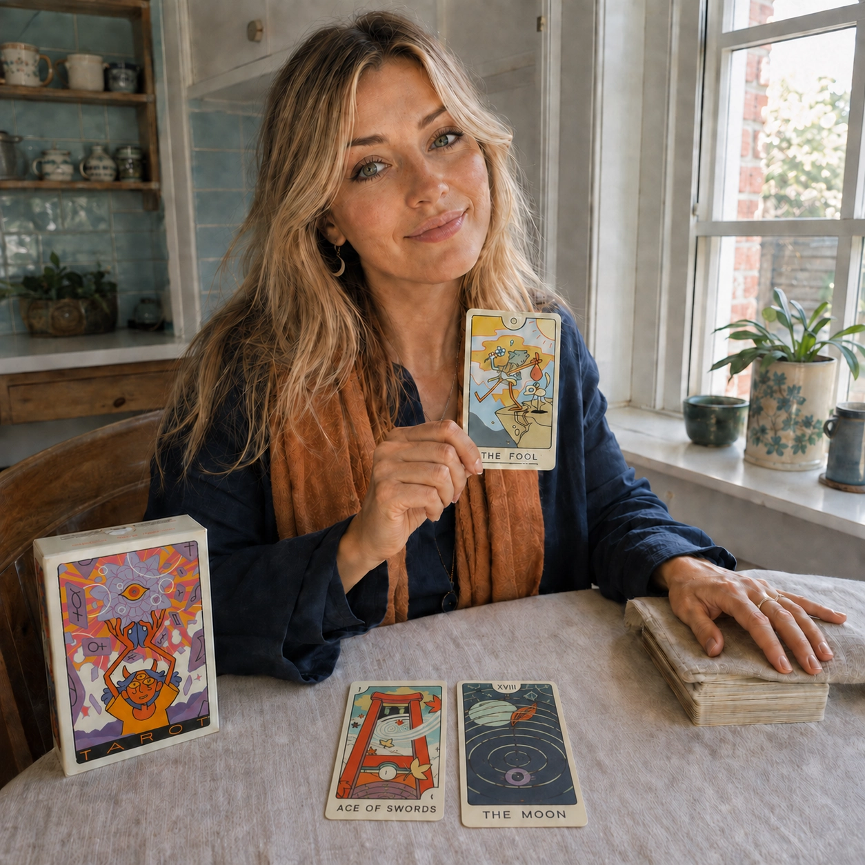 Aurica holding The Fool beside the Joe Sparrow Tarot box, a two-card face-up spread, and the separate stacked deck