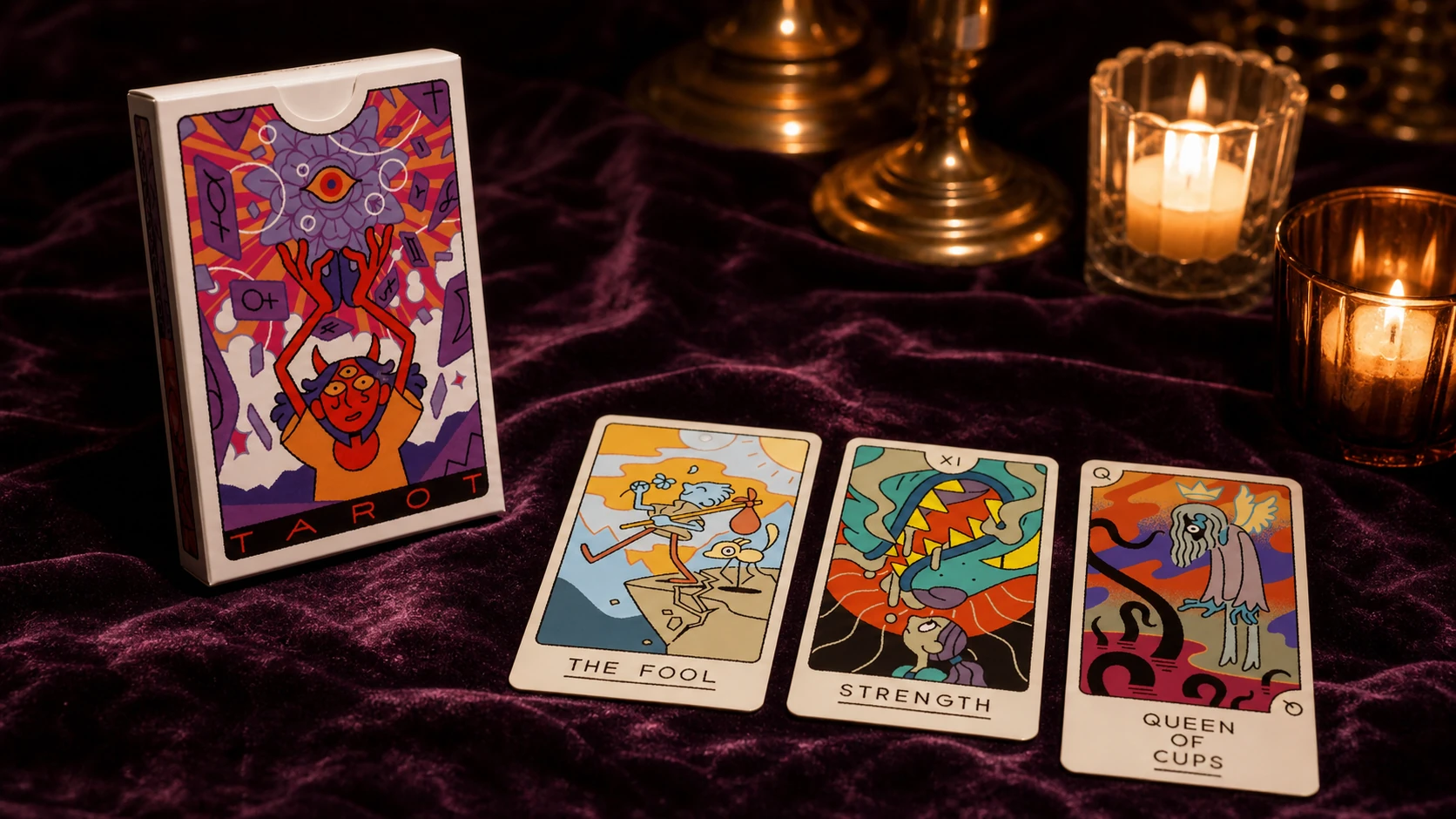 Joe Sparrow Tarot — GPT Image 2 product-box lifestyle scene Generated lifestyle scene showing the Joe Sparrow Tarot box with The Fool, Strength, and Queen of Cups on plum velvet by candlelight