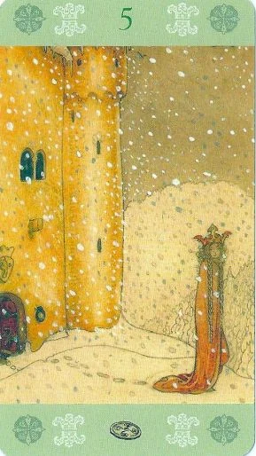 Five of Pentacles — source-order label Five of Pentacles card from the John Bauer Tarot deck