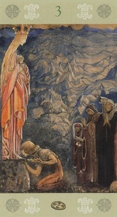 Three of Pentacles card from the John Bauer Tarot deck