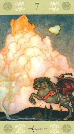 Seven of Swords — source-order label Seven of Swords card from the John Bauer Tarot deck