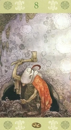 Eight of Pentacles card from the John Bauer Tarot deck