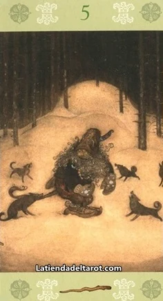 Five of Wands card from the John Bauer Tarot deck
