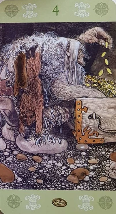 Four of Pentacles — source-order label Four of Pentacles card from the John Bauer Tarot deck