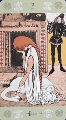 Three of Swords card from the John Bauer Tarot deck