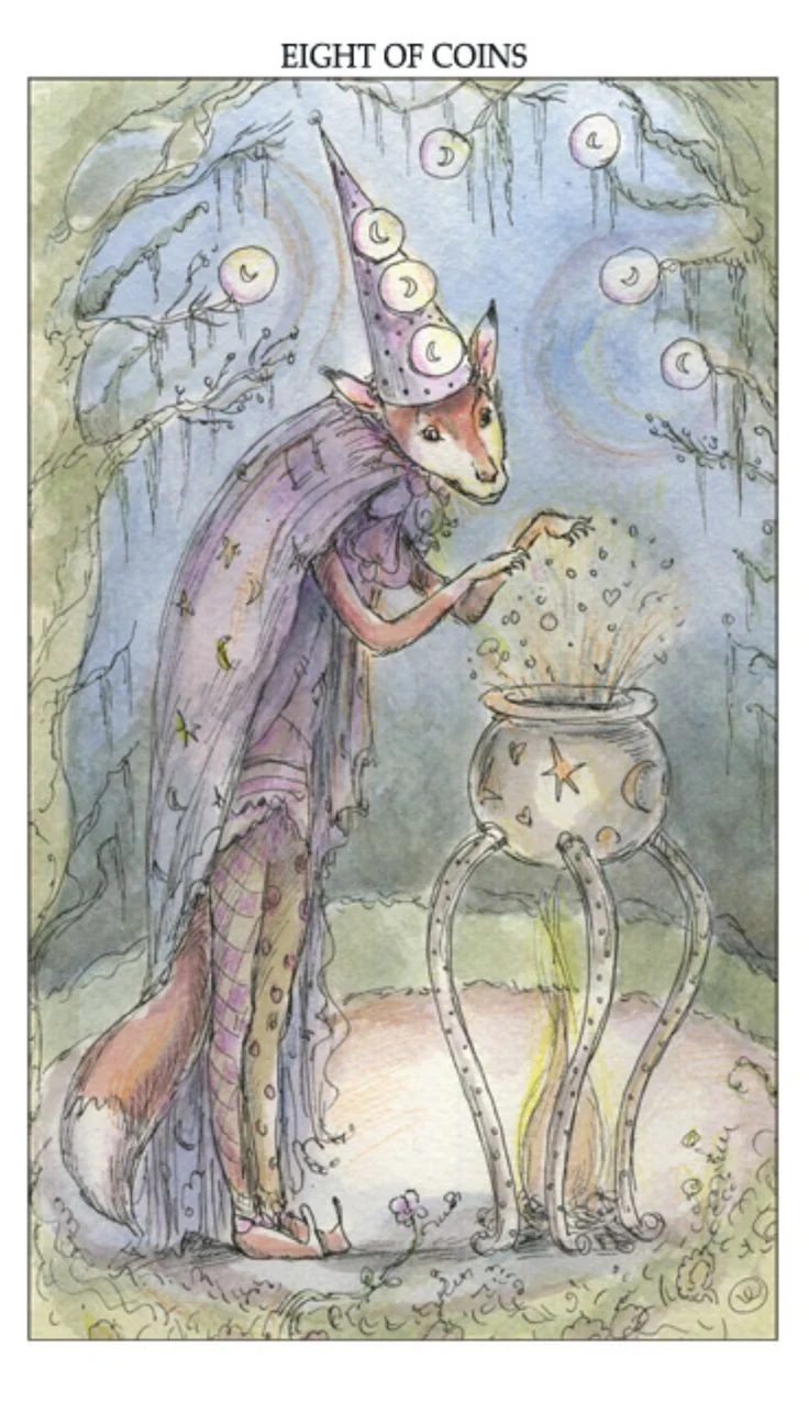 Eight of Coins card from the Joie De Vivre Tarot deck