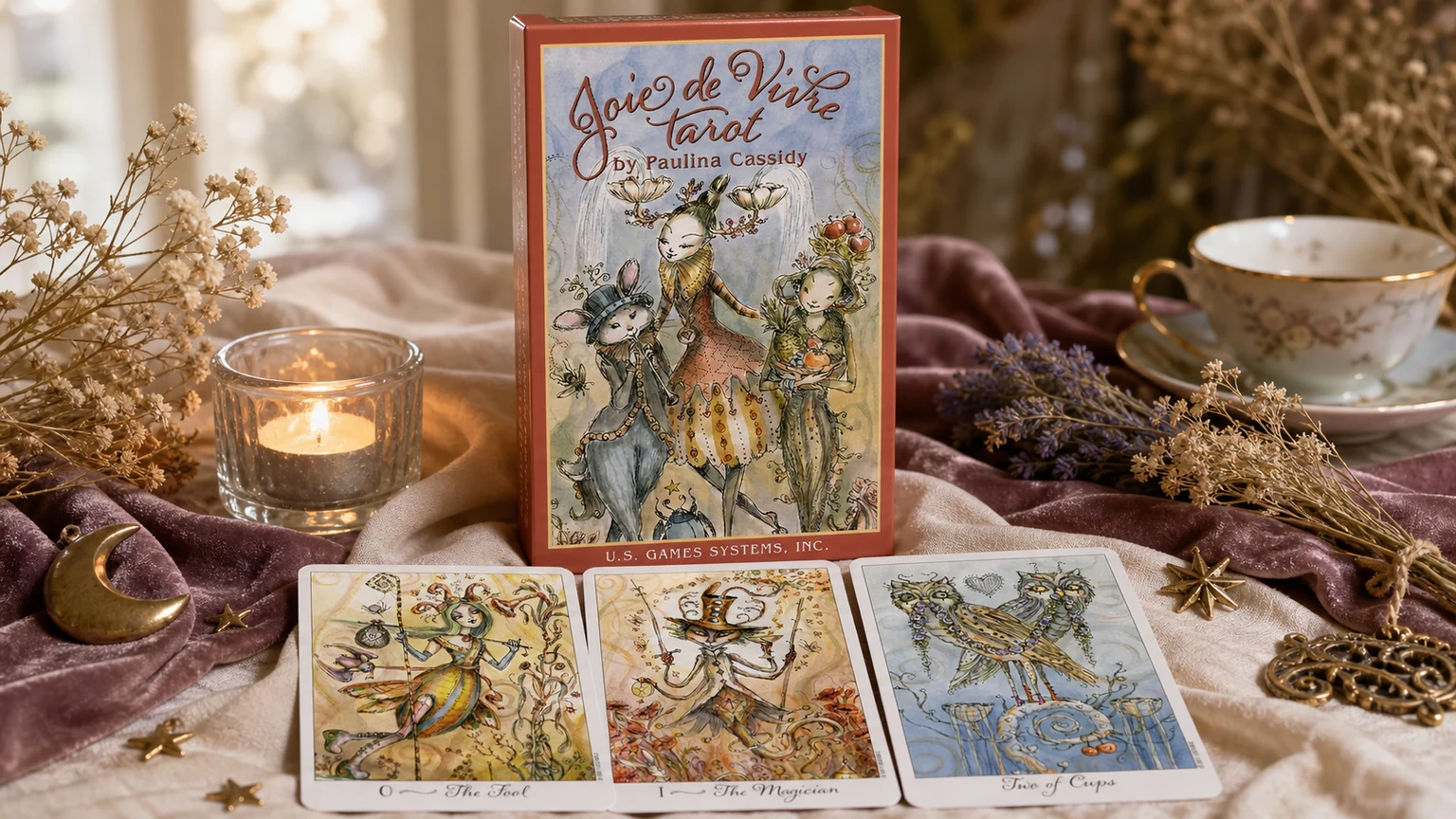 Joie de Vivre Tarot box by Paulina Cassidy with The Fool, The Magician, and Two of Cups in a realistic cream and plum tarot setting