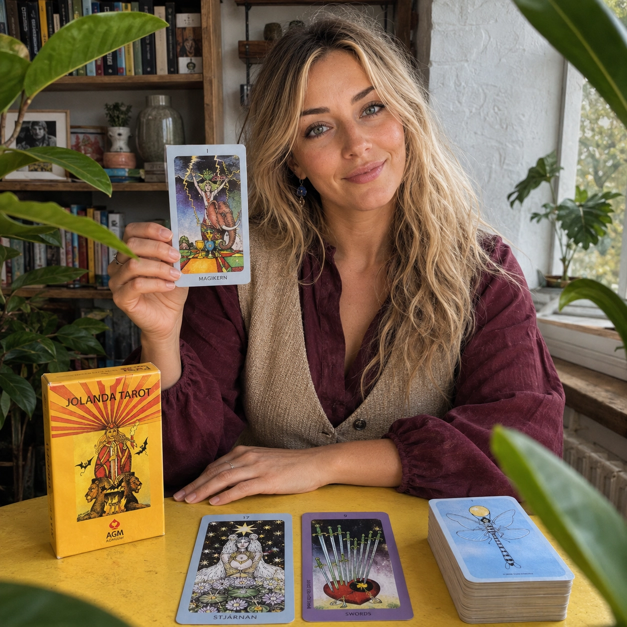 Aurica presenting The Magician from Jolanda Tarot beside the exact deck box, a two-card spread, and the stacked deck