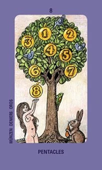 Eight of Pentacles from the Jolanda Tarot deck