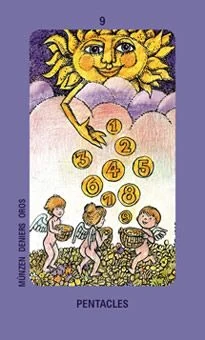 Nine of Pentacles from the Jolanda Tarot deck