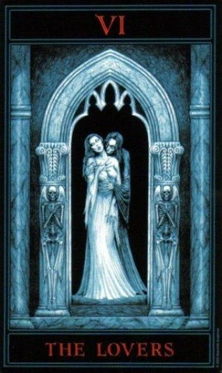 The Lovers card from The Gothic Tarot by Joseph Vargo