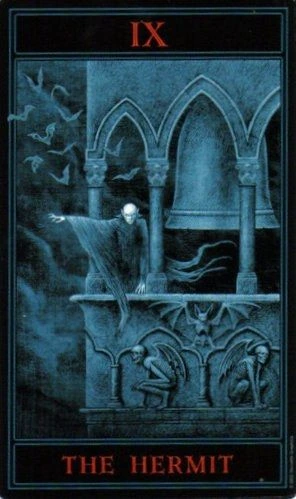 The Hermit card from The Gothic Tarot by Joseph Vargo