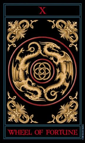 Wheel of Fortune card from The Gothic Tarot by Joseph Vargo