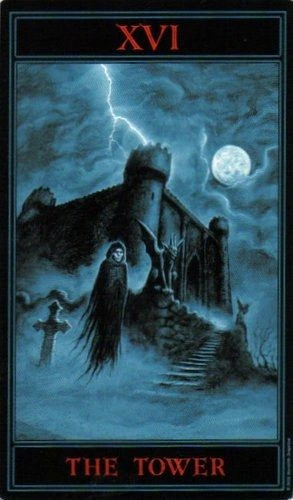The Tower card from The Gothic Tarot by Joseph Vargo