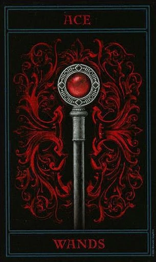 Ace of Wands card from The Gothic Tarot by Joseph Vargo