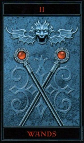 Two of Wands card from The Gothic Tarot by Joseph Vargo