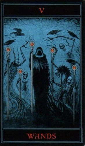 Five of Wands card from The Gothic Tarot by Joseph Vargo