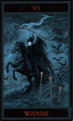 Six of Wands card from The Gothic Tarot by Joseph Vargo