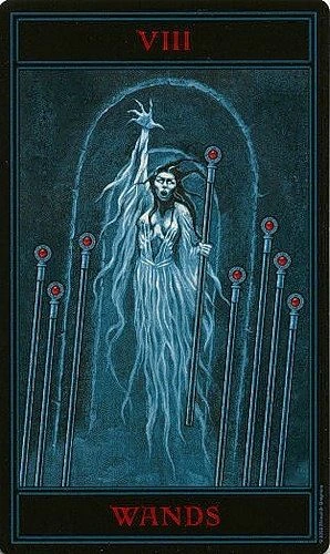 Eight of Wands card from The Gothic Tarot by Joseph Vargo