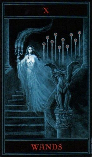 Ten of Wands card from The Gothic Tarot by Joseph Vargo
