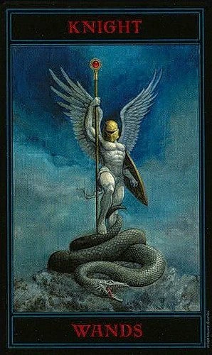 Knight of Wands card from The Gothic Tarot by Joseph Vargo