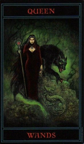 Queen of Wands card from The Gothic Tarot by Joseph Vargo