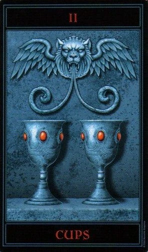 Two of Cups card from The Gothic Tarot by Joseph Vargo