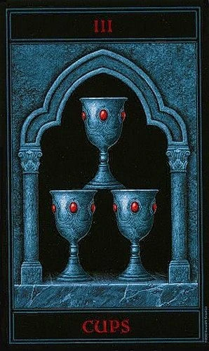 Three of Cups card from The Gothic Tarot by Joseph Vargo