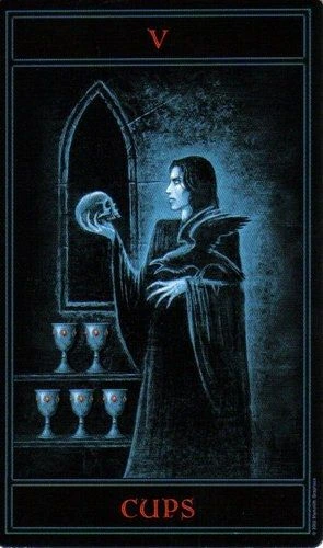 Five of Cups card from The Gothic Tarot by Joseph Vargo