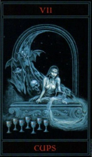 Seven of Cups card from The Gothic Tarot by Joseph Vargo