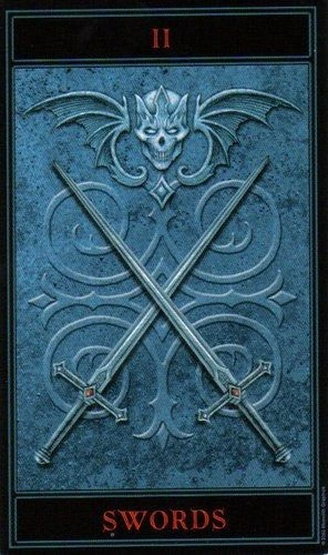 Two of Swords card from The Gothic Tarot by Joseph Vargo