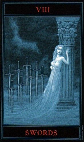 Seven of Swords card from The Gothic Tarot by Joseph Vargo