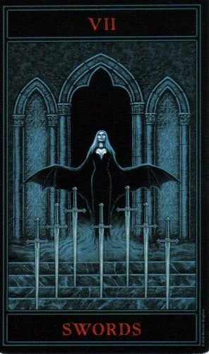 Eight of Swords card from The Gothic Tarot by Joseph Vargo