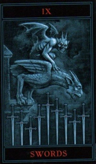 Nine of Swords card from The Gothic Tarot by Joseph Vargo