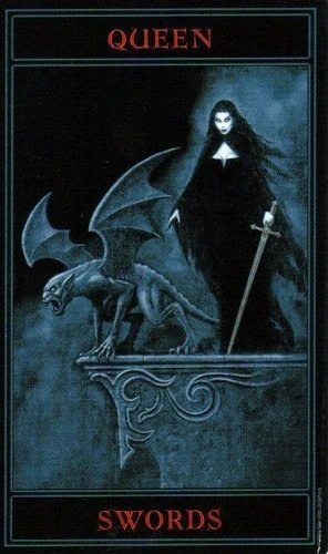 Queen of Swords card from The Gothic Tarot by Joseph Vargo