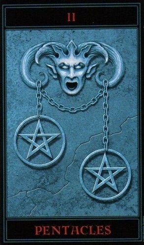 Two of Pentacles card from The Gothic Tarot by Joseph Vargo