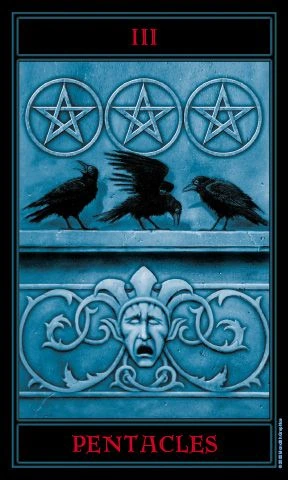 Three of Pentacles card from The Gothic Tarot by Joseph Vargo