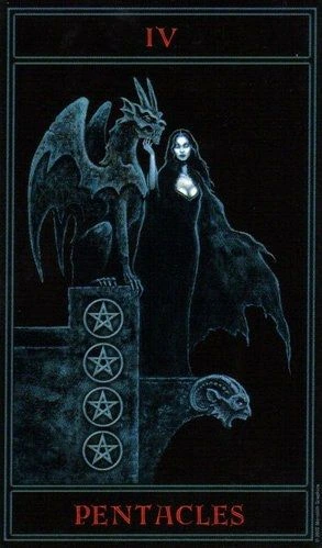 Four of Pentacles card from The Gothic Tarot by Joseph Vargo