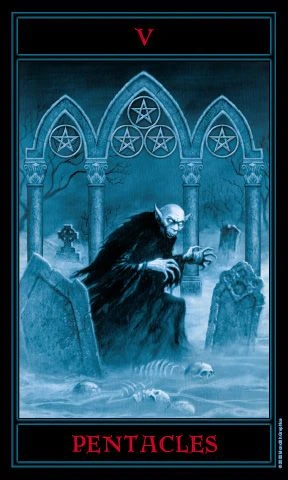 Five of Pentacles card from The Gothic Tarot by Joseph Vargo