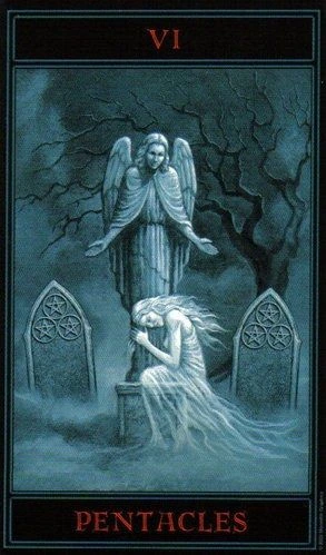 Six of Pentacles card from The Gothic Tarot by Joseph Vargo