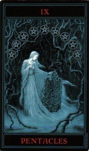 Nine of Pentacles card from The Gothic Tarot by Joseph Vargo