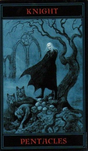 Knight of Pentacles card from The Gothic Tarot by Joseph Vargo