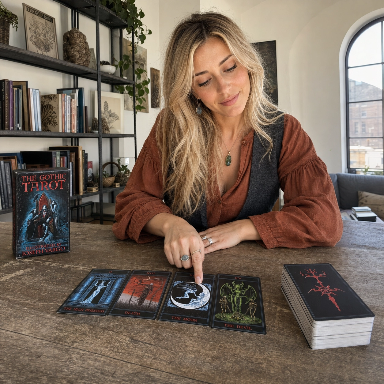 Aurica comparing The High Priestess and The Moon while reading with Joseph Vargo’s Gothic Tarot