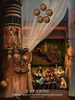 Five of Coins card from the Journey Into Egypt Tarot deck