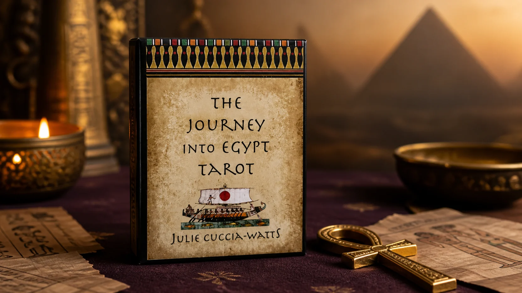 The Journey into Egypt Tarot Guide by Julie Cuccia-Watts on a plum Egyptian-inspired reading table