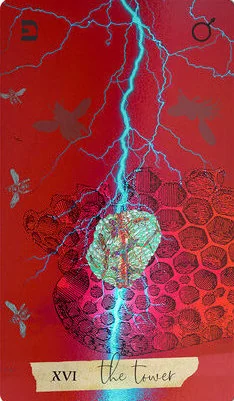 The Tower card from the Journey Of The Sacred Bee Tarot deck