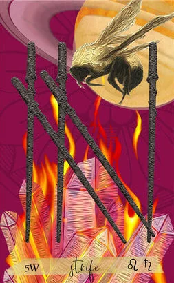 Five of Wands card from the Journey Of The Sacred Bee Tarot deck