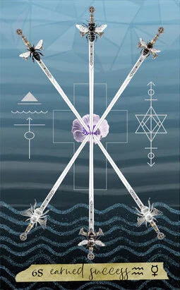 Six of Swords card from the Journey Of The Sacred Bee Tarot deck